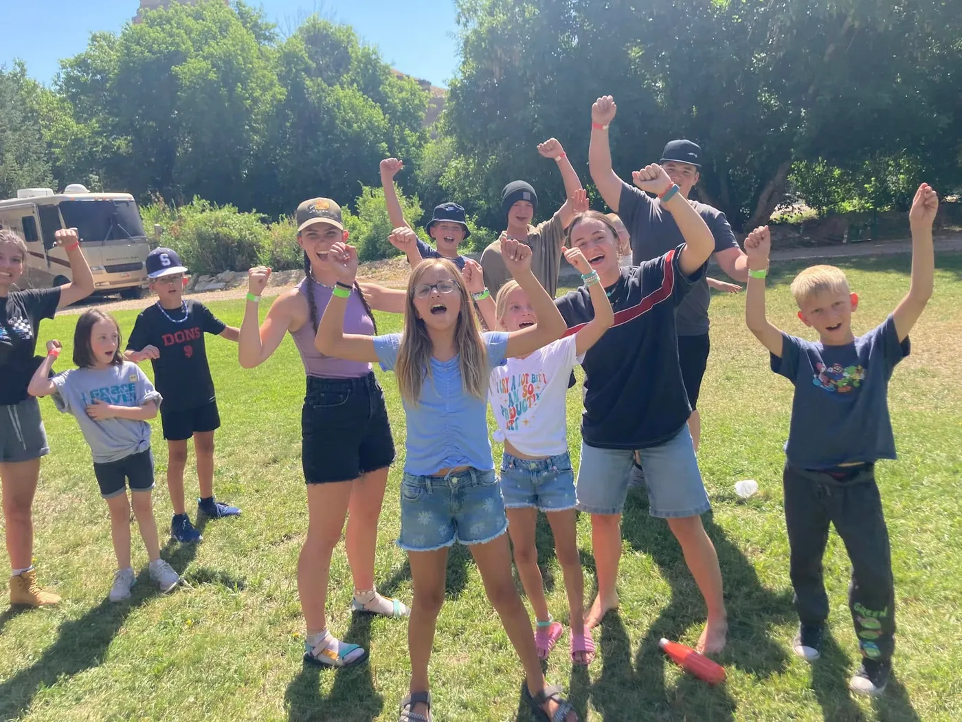 A group gathered at camp